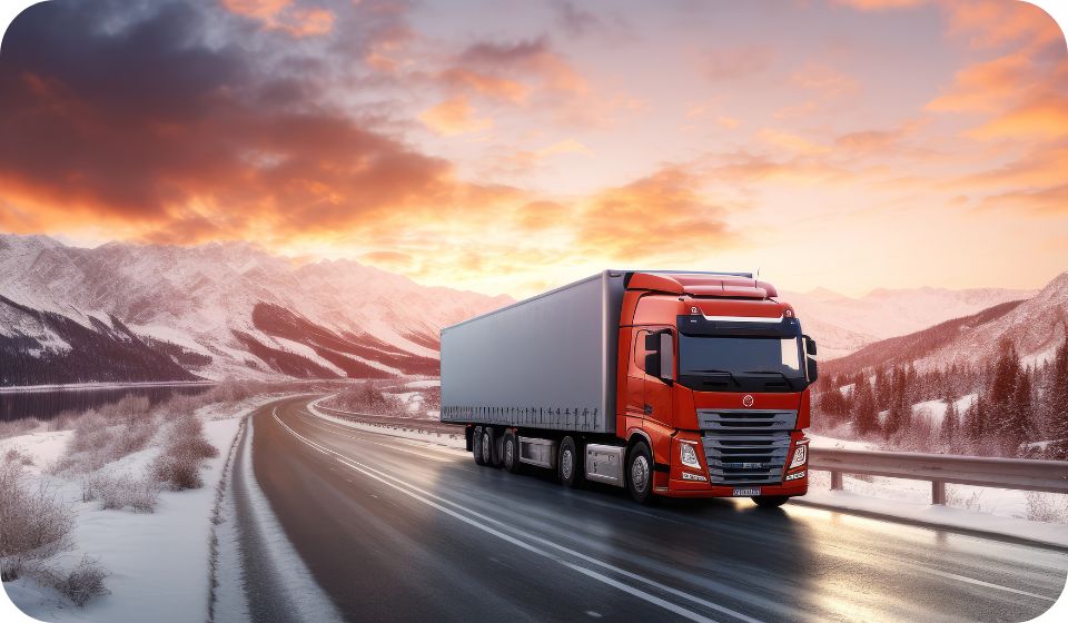 lorry driving on snowy road/terrain